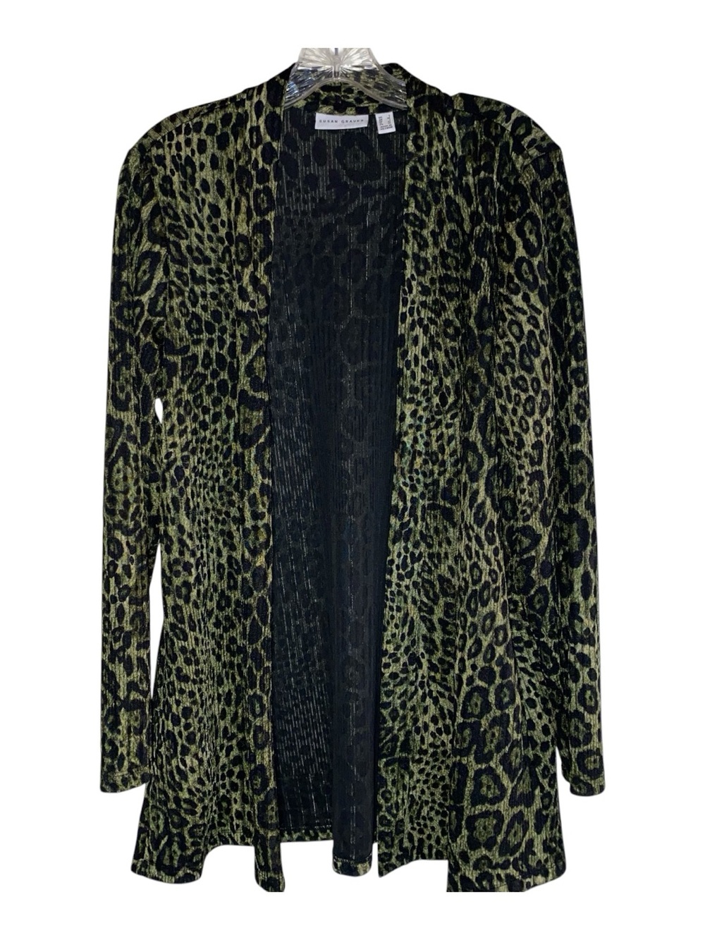 Susan Graver Green Leopard Cheetah Print Cardigan Sweater Duster Women’s Large